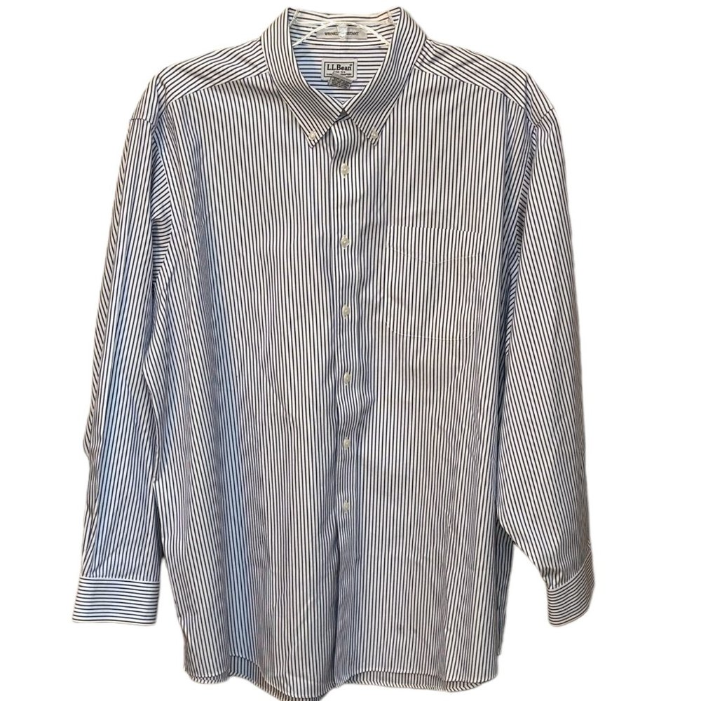 Men's L.L. Bean Blue/White Cotton Long Sleeve Button Down Dress Shirt Size 18/35